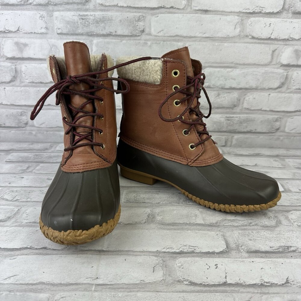 Tommy Hilfiger Russel Womens 8 Duck Boot Brown Leather Waterproof Faux Fur Lined